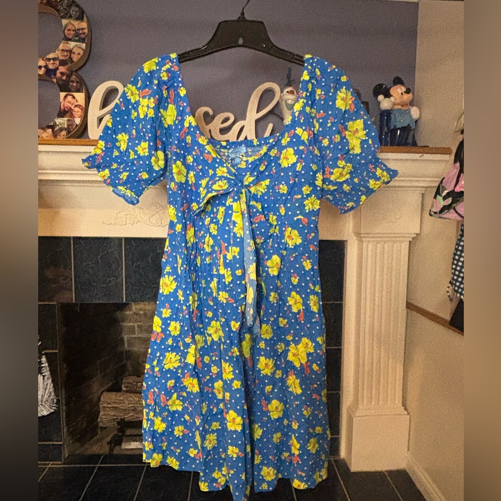 Draper James Tie Front SS Dress Blue Dress with Yellow Accents